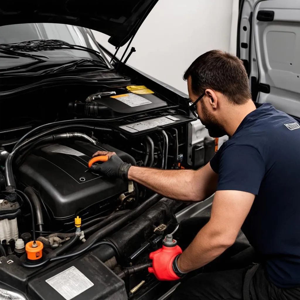 Mechanic working on Sprinter Van engine