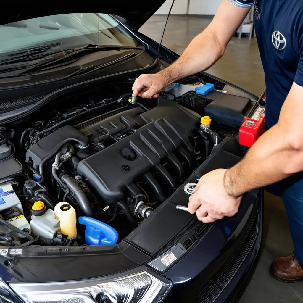 Mechanic working on a Toyota Camry engine