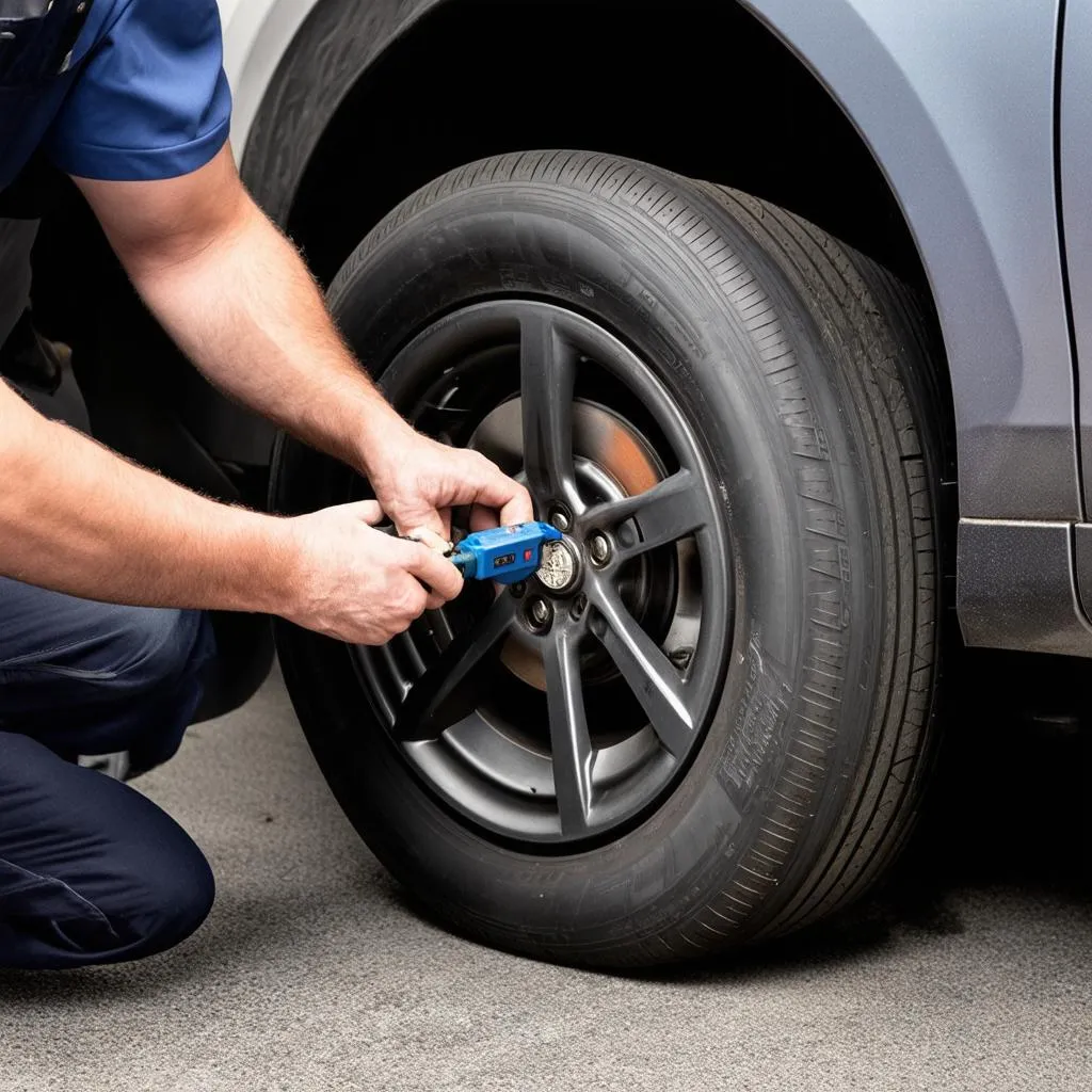 Mechanic Replacing TPMS Sensor