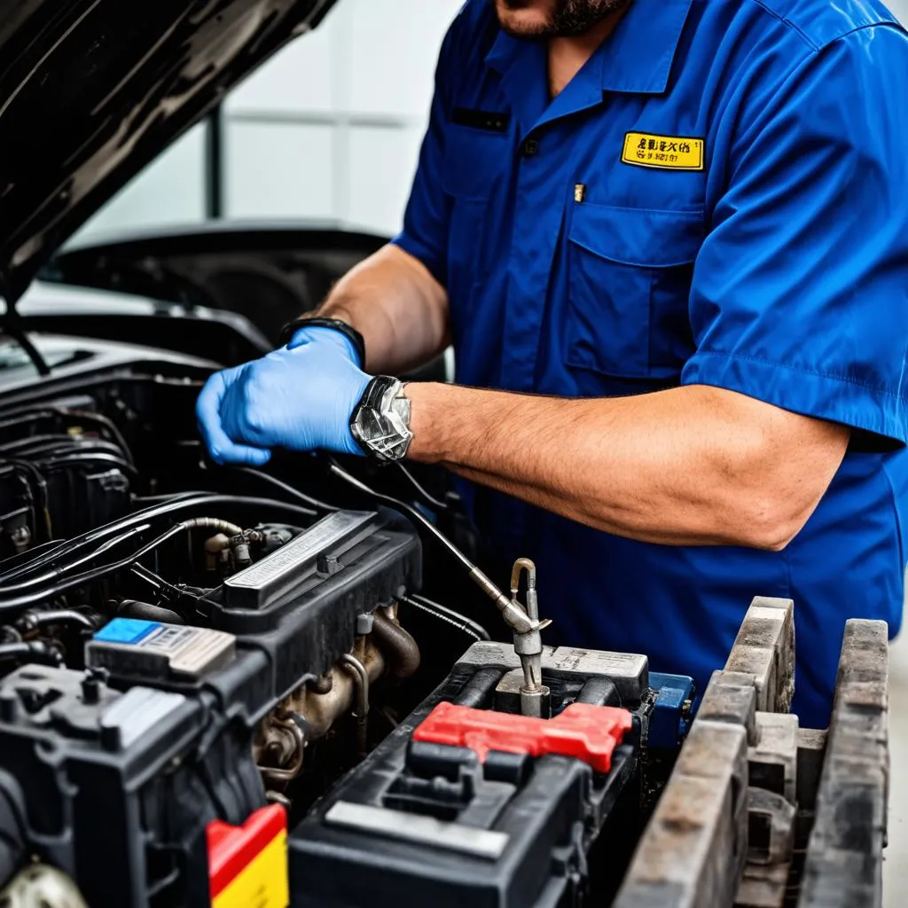 Mechanic working on truck engine