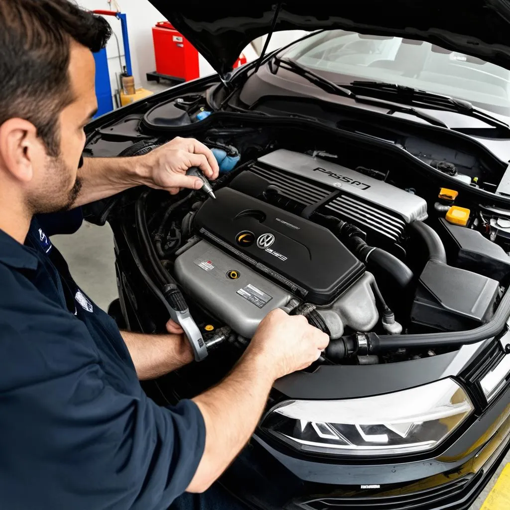 Mechanic working on a Volkswagen Passat engine