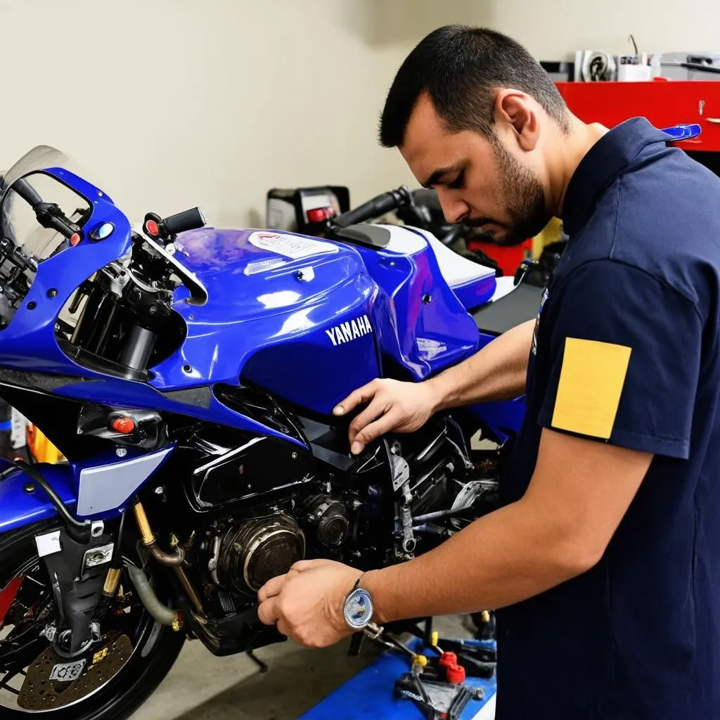 Mechanic working on a Yamaha motorcycle in a repair shop