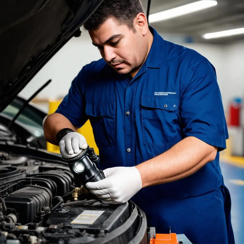 Mechanic inspecting engine compartment with a flashlight