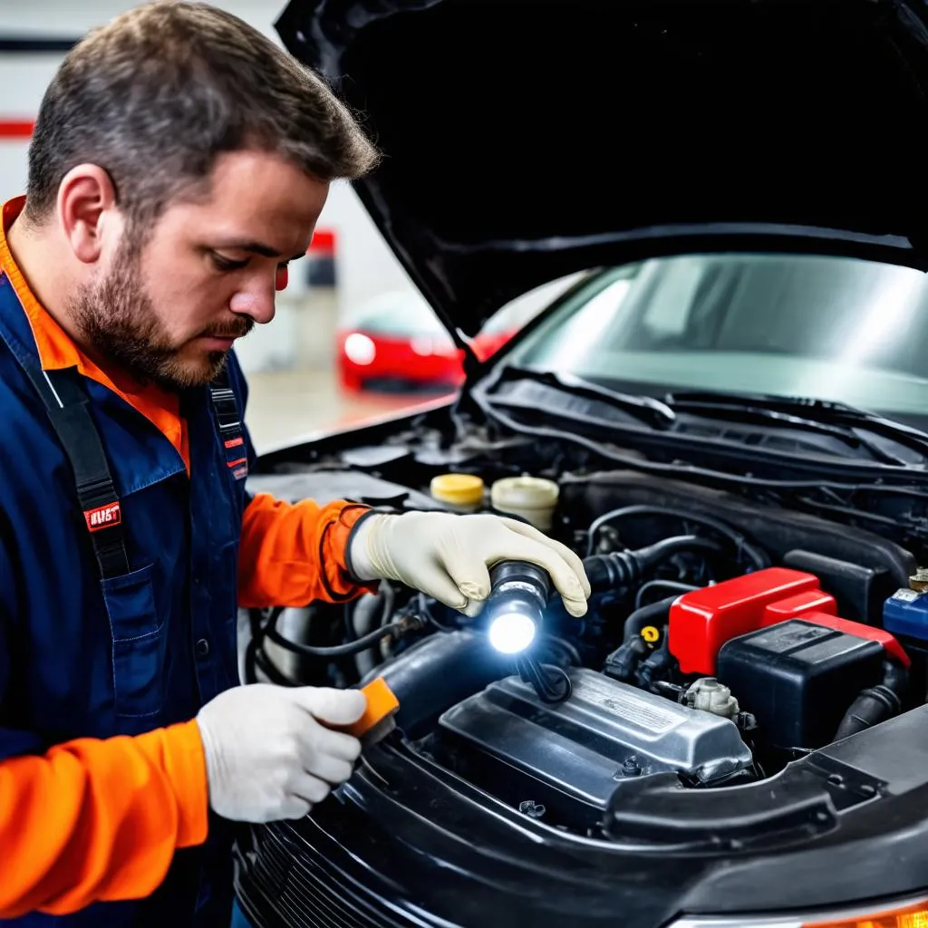 Mechanic examining engine