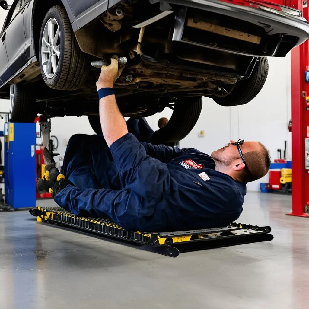 Mechanic working under a lifted car in a repair shop