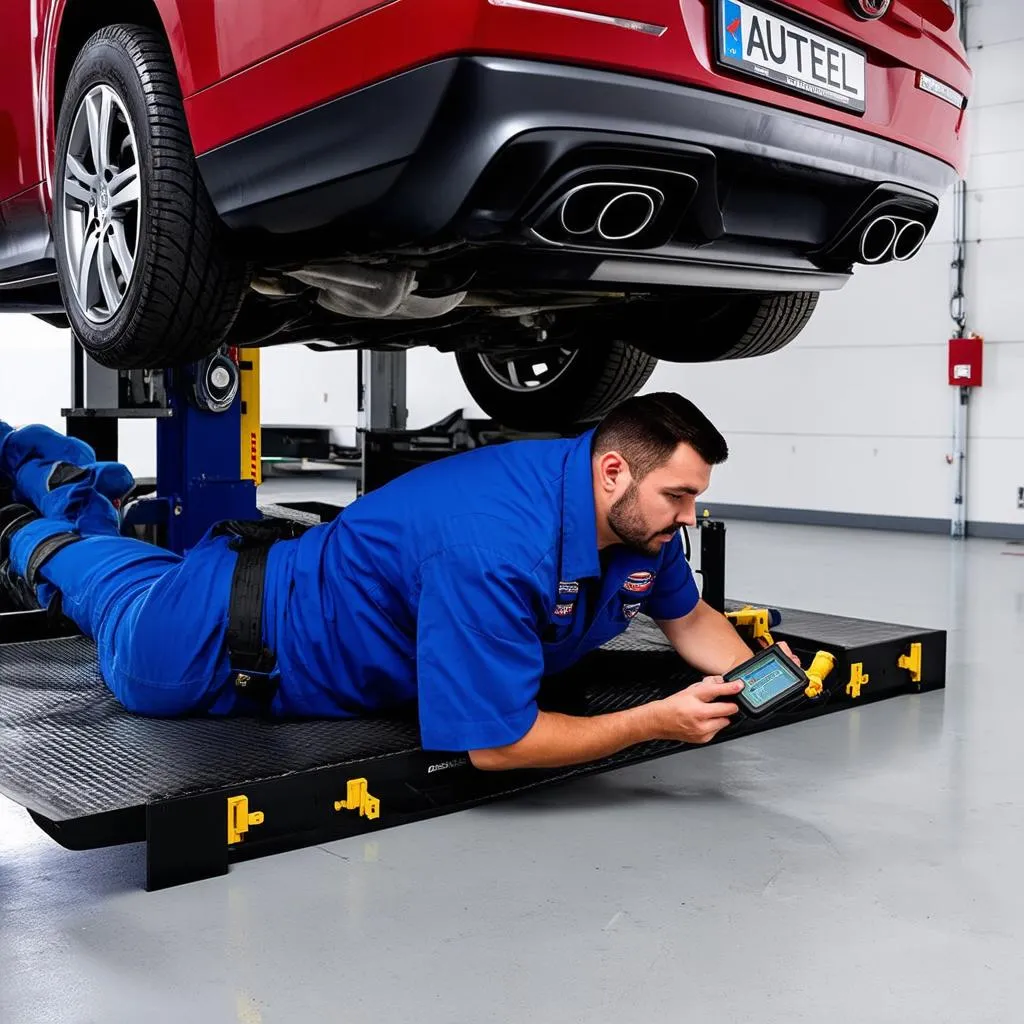 Mechanic using Autel to diagnose a lifted car