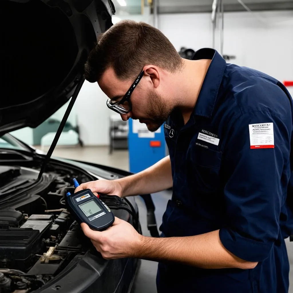 Car mechanic using a diagnostic tool on a Mercedes-Benz