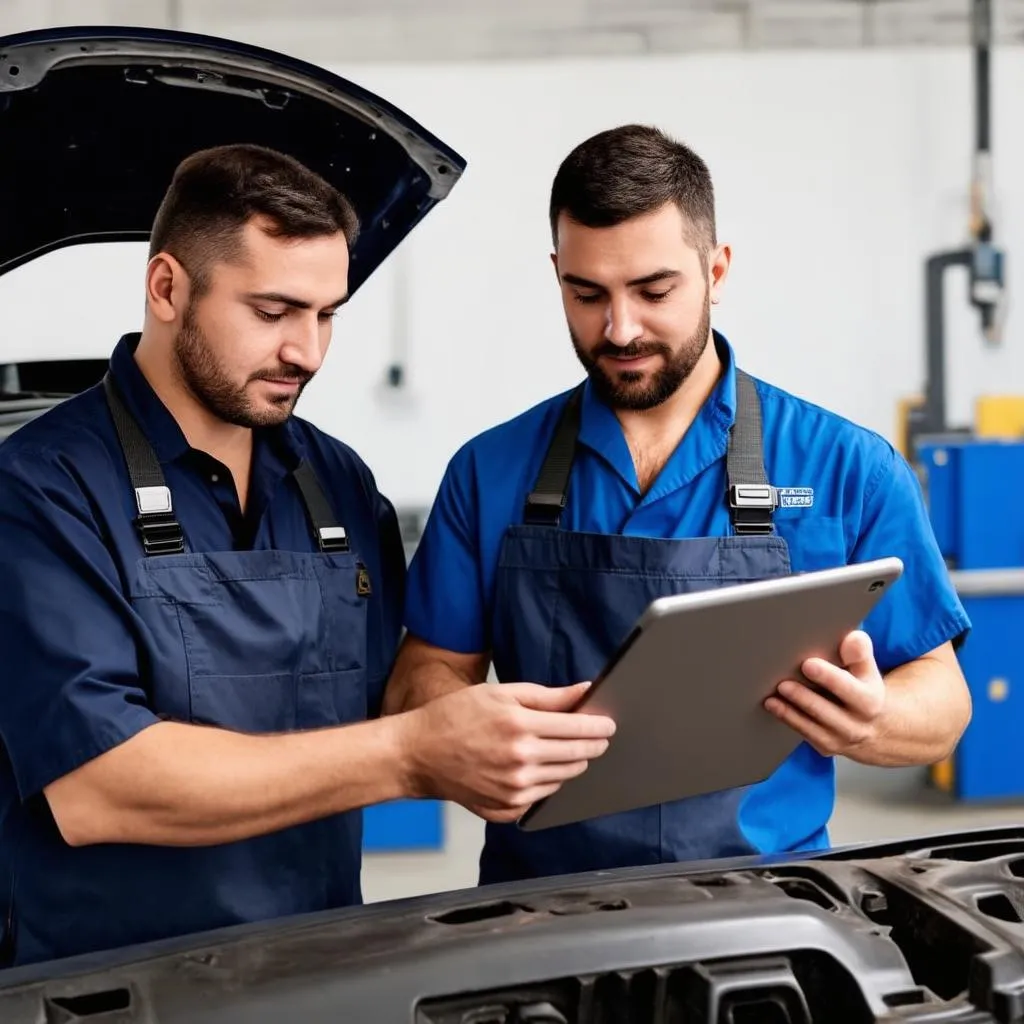 Two mechanics, one holding a tablet, are engrossed in a discussion about a car repair, with a car in the background.