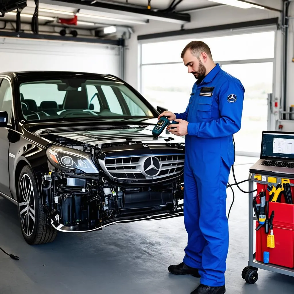 Mercedes-Benz Mechanic Working on Car