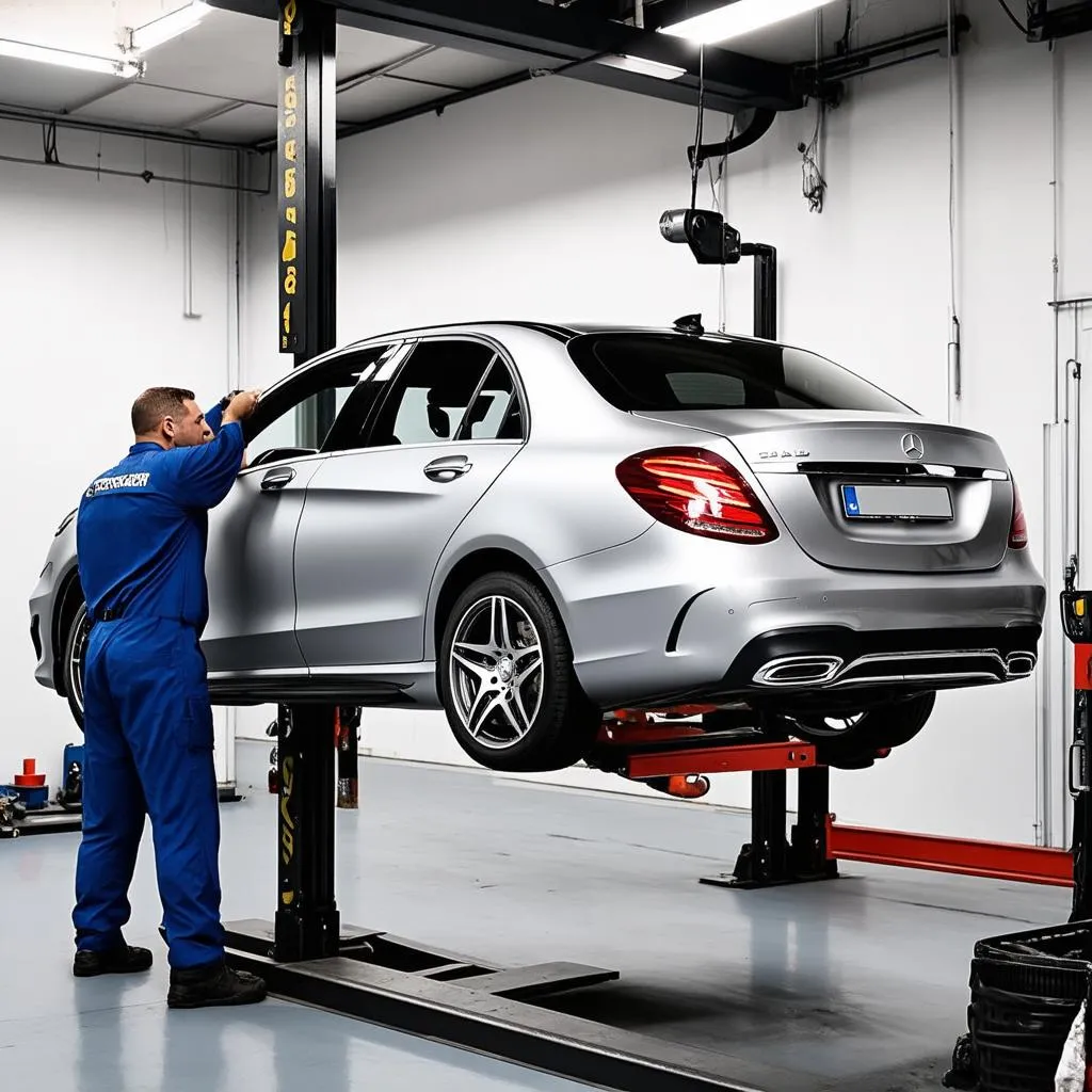 Mercedes car being inspected on a lift