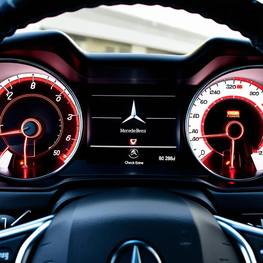 Mercedes dashboard with check engine light illuminated