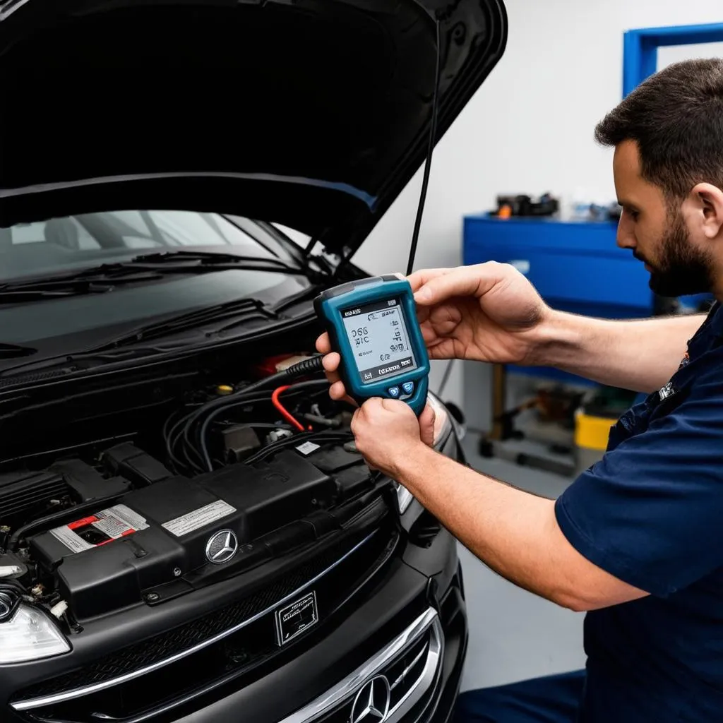 Mechanic using a diagnostic scanner on a Mercedes-Benz