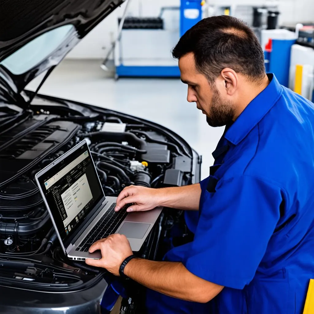 Mechanic using a laptop for car diagnostics