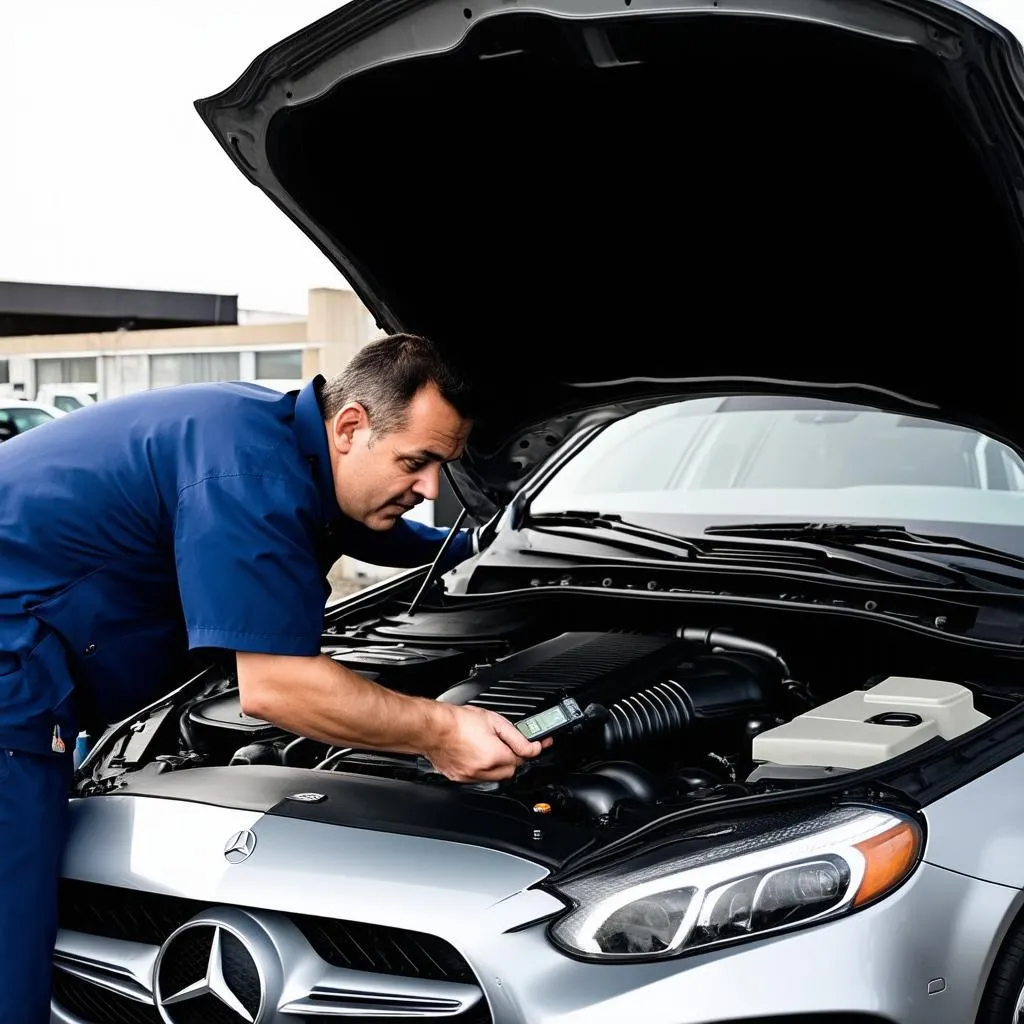 Mercedes Mechanic Repairing a Car