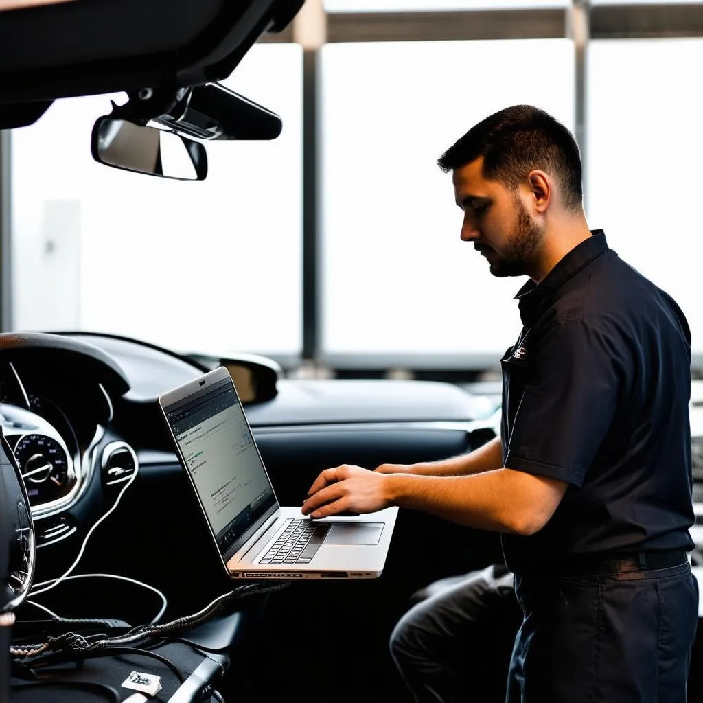 Skilled Mechanic Diagnosing a Mercedes