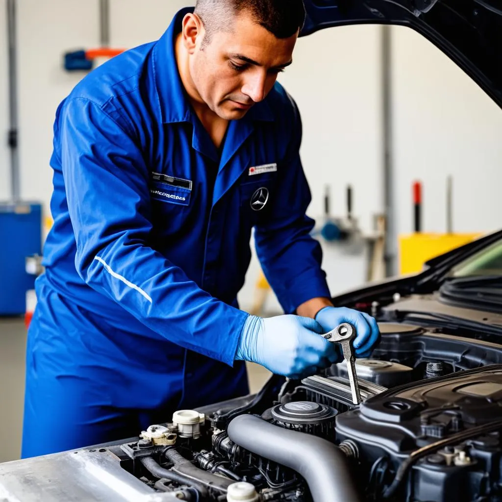 A Mercedes mechanic diligently working on a car's engine, surrounded by tools.