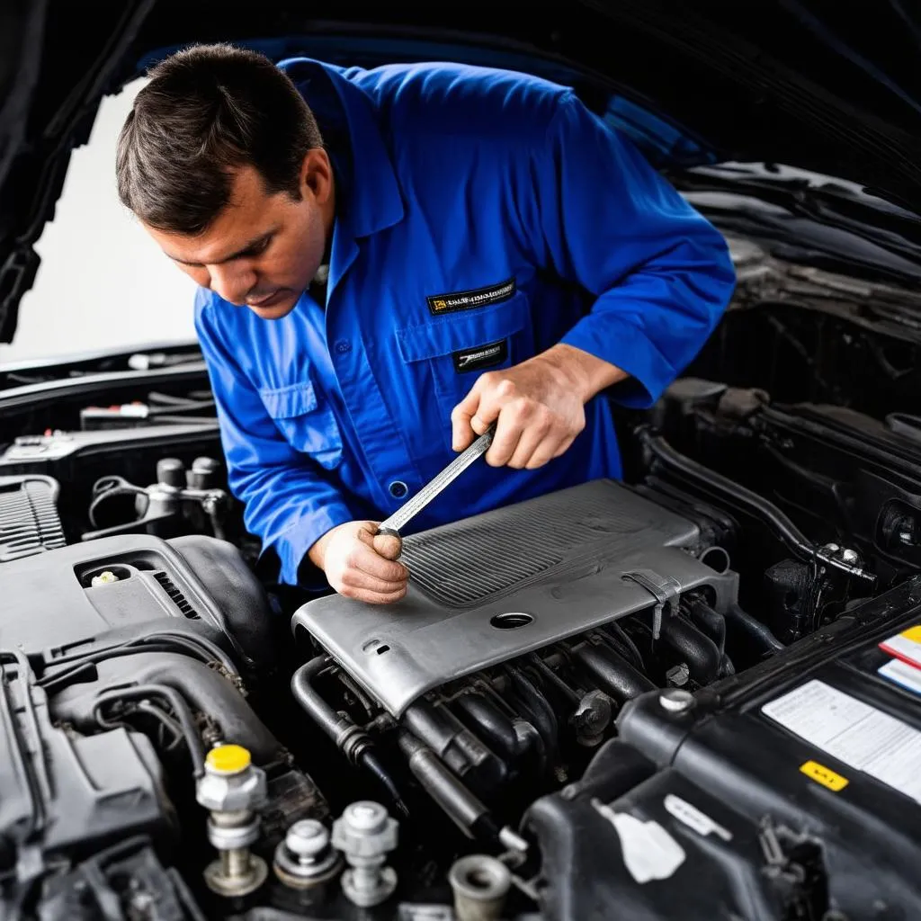 Mechanic working on a Mercedes engine