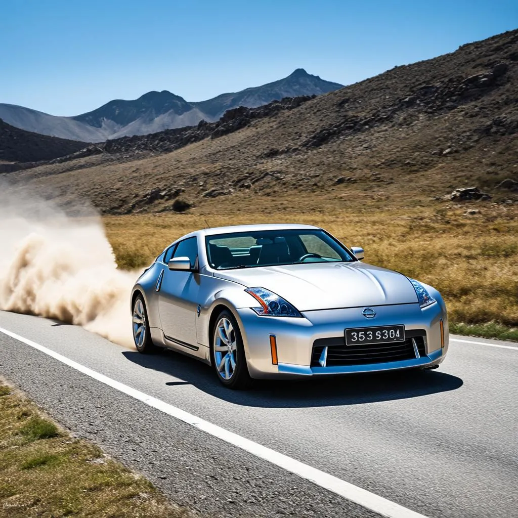 A silver Nissan 350z driving down an open road