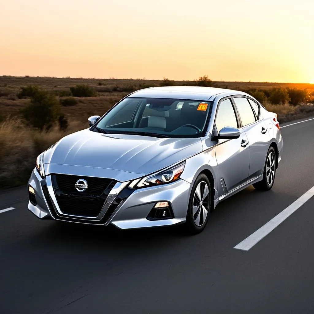 Nissan car driving on a highway with the tire pressure warning light illuminated on the dashboard