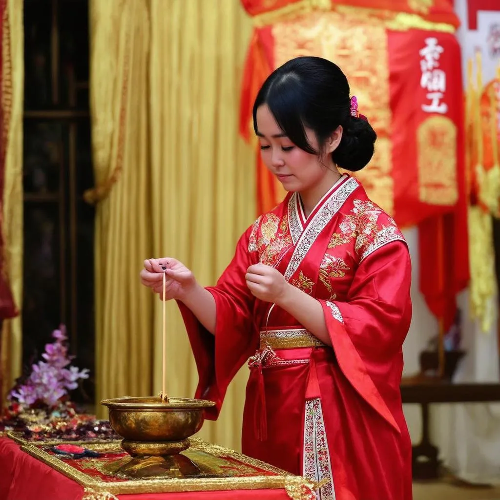 Woman Offering Incense at Ancestor Altar