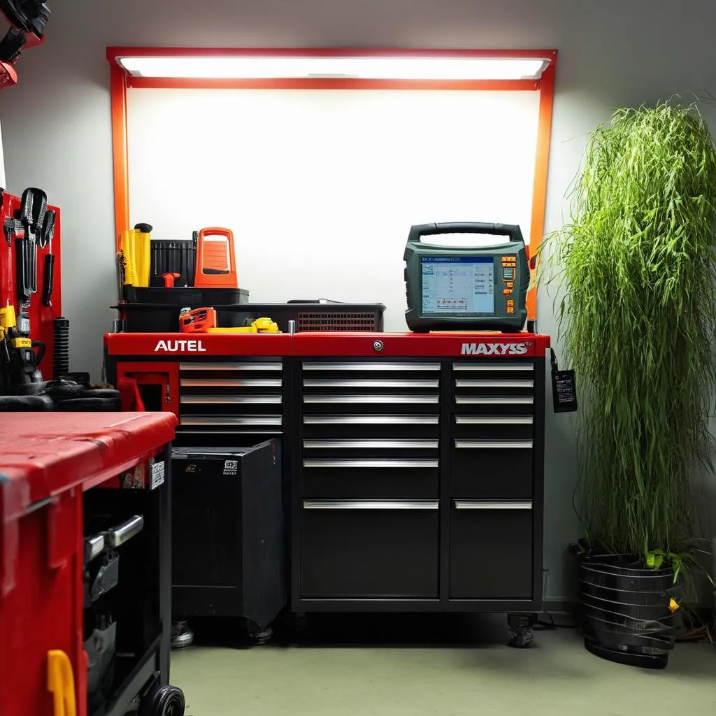 A clean and organized mechanic workspace with tools and an Autel MaxiSys