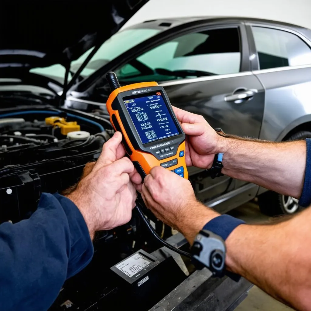 Professional auto mechanic using a diagnostic scanner