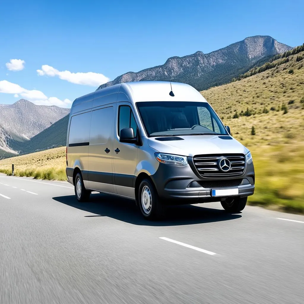 A Mercedes Sprinter van driving on an open road