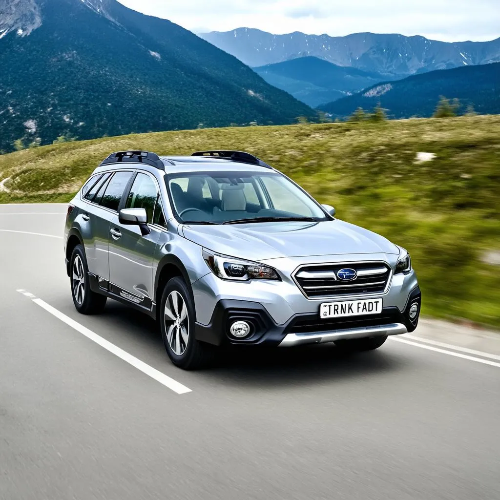 Modern Silver Subaru Outback driving through a mountainous landscape on a road trip