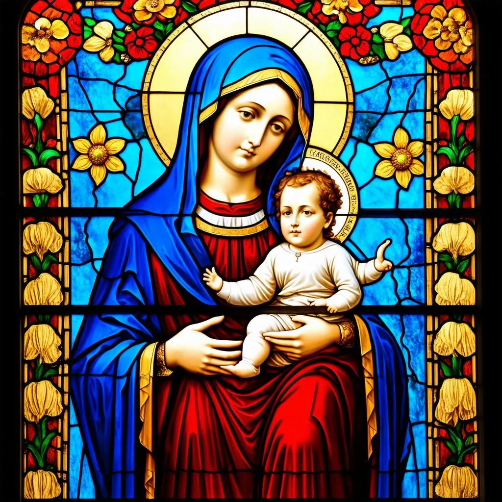 Stained glass window depicting Virgin Mary