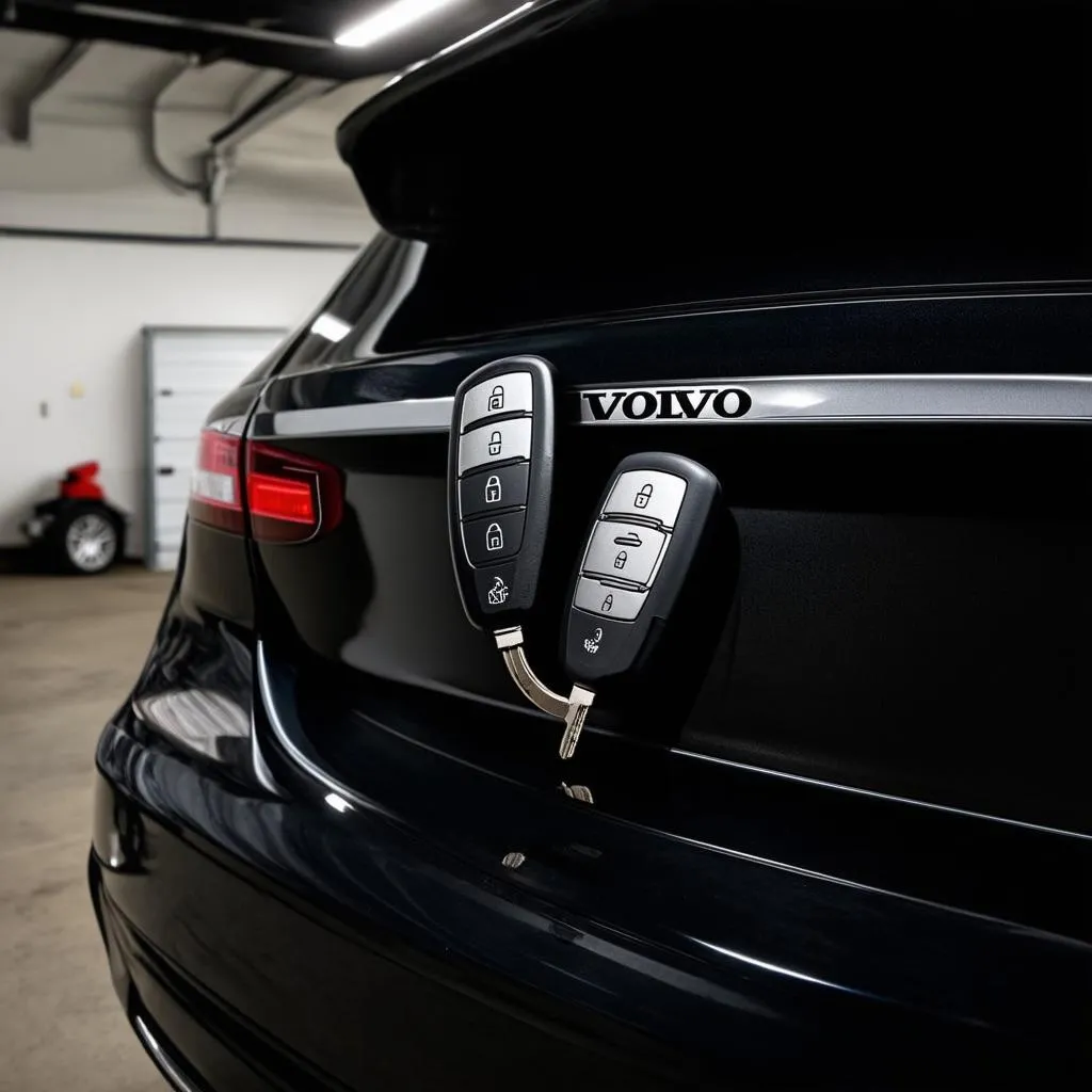 A modern Volvo car key fob with keyless entry buttons is placed next to the Volvo logo on the back of a car