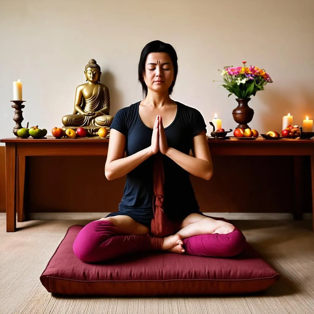 Woman meditating in front of altar