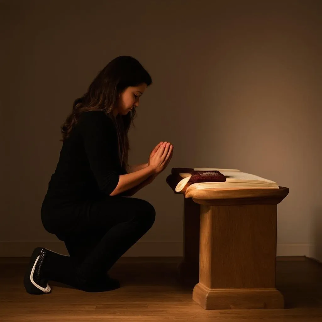 woman praying at altar