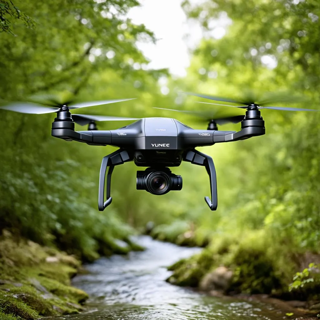 Yuneec Typhoon H3 drone hovering in a forest