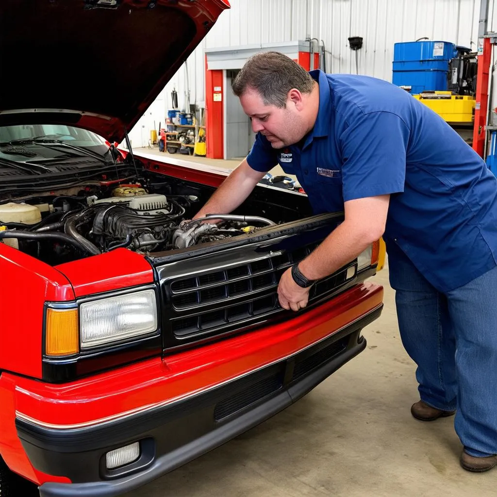 Mechanic working on a 1991 Dodge Ram engine