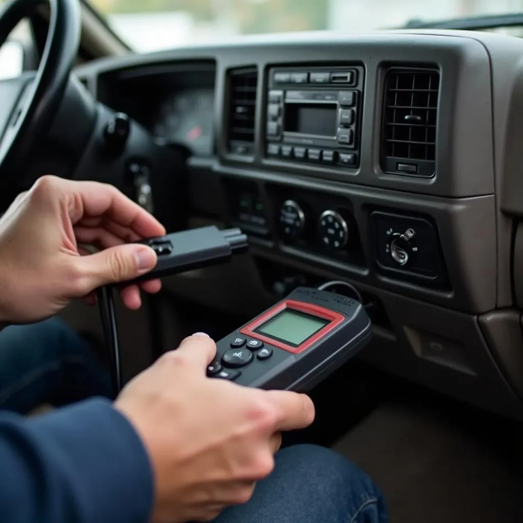 Connecting a scan tool to the OBD-II port of a 1996 Ford F-250 with a 7.3 Powerstroke engine.