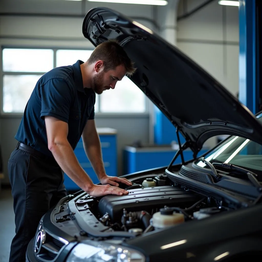 Mechanic Inspecting a 2000s Car Engine