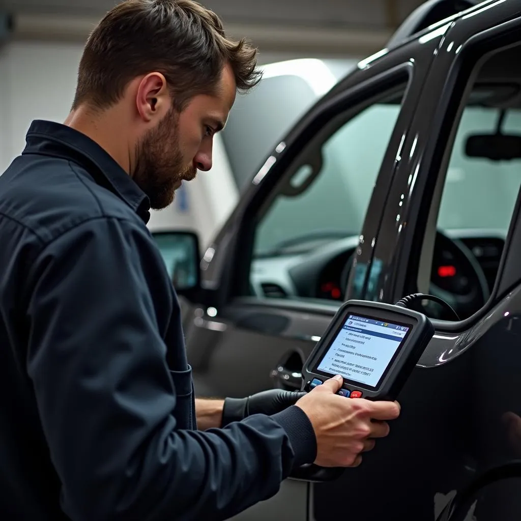 Mechanic using a 2003 Nissan scan tool to diagnose an engine problem