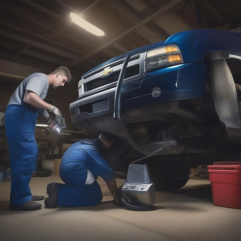 Mechanic inspecting the catalytic converter on a 2004 Chevy Silverado.