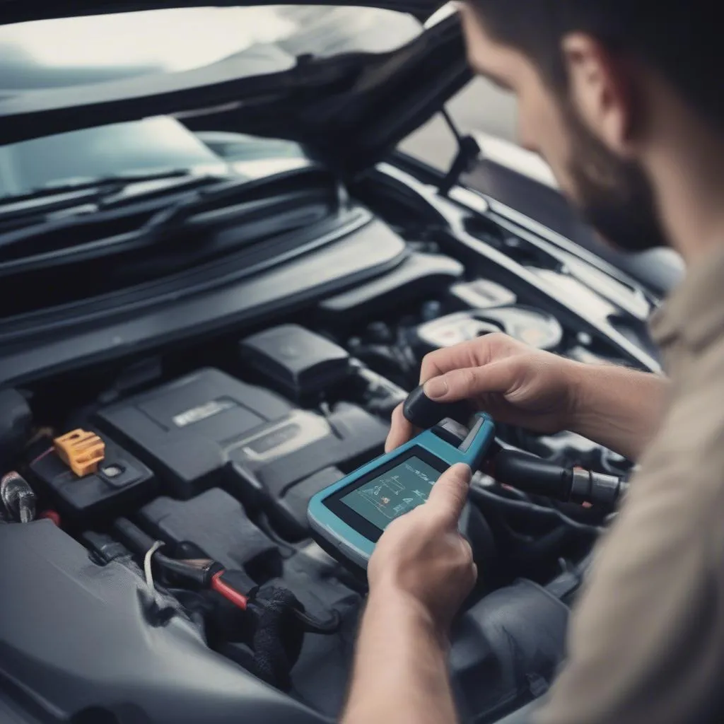 Mechanic using a 201711252206 scan tool to diagnose a problem on a European car