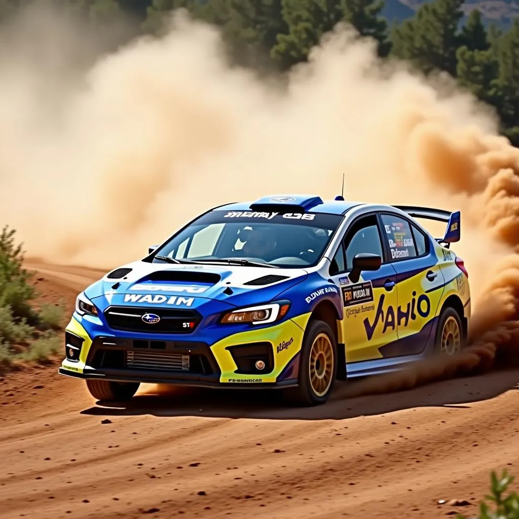 Subaru WRX STI rally car racing through a dirt track