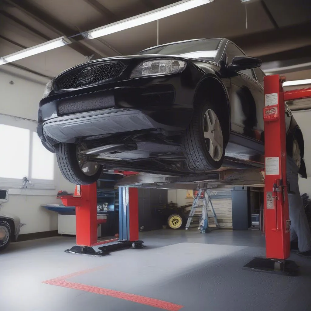 Mechanic using a 4-post auto lift in a garage to perform a complex repair on a car