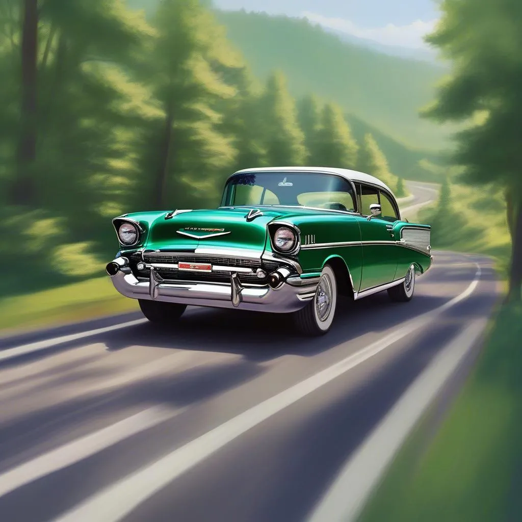 1957 Chevrolet Bel Air cruising down a highway