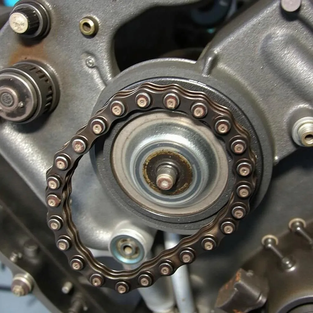 Close-up view of a 5.7L Vortec timing chain