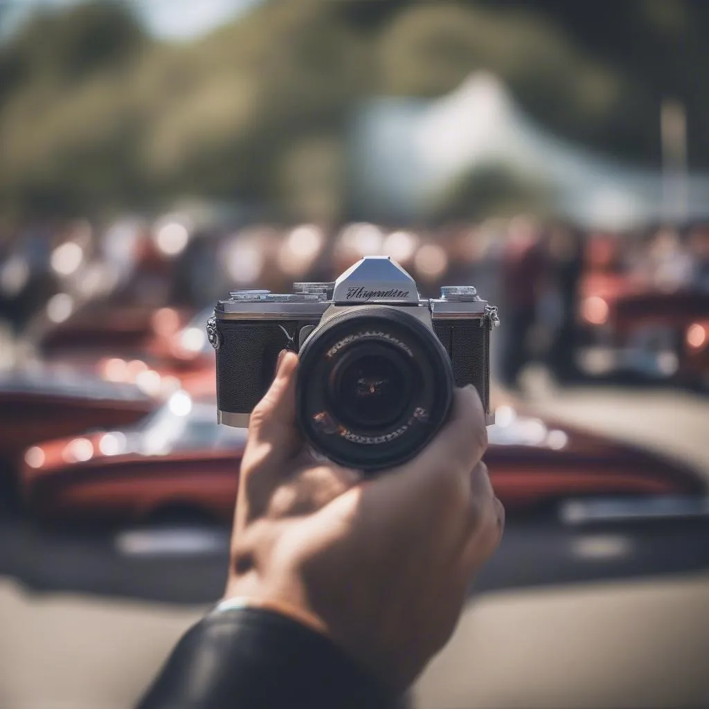 Photographer using 85mm lens for car show photography