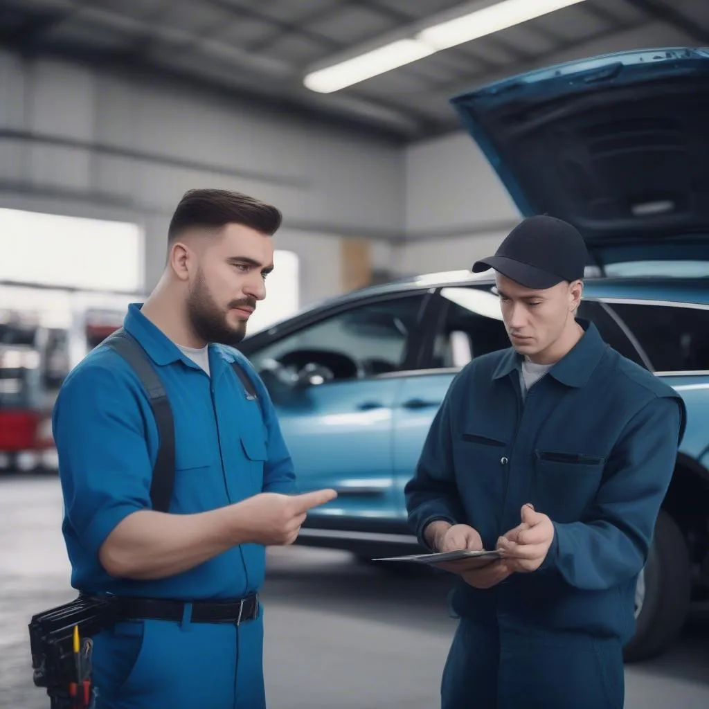 Mechanic explaining car repair