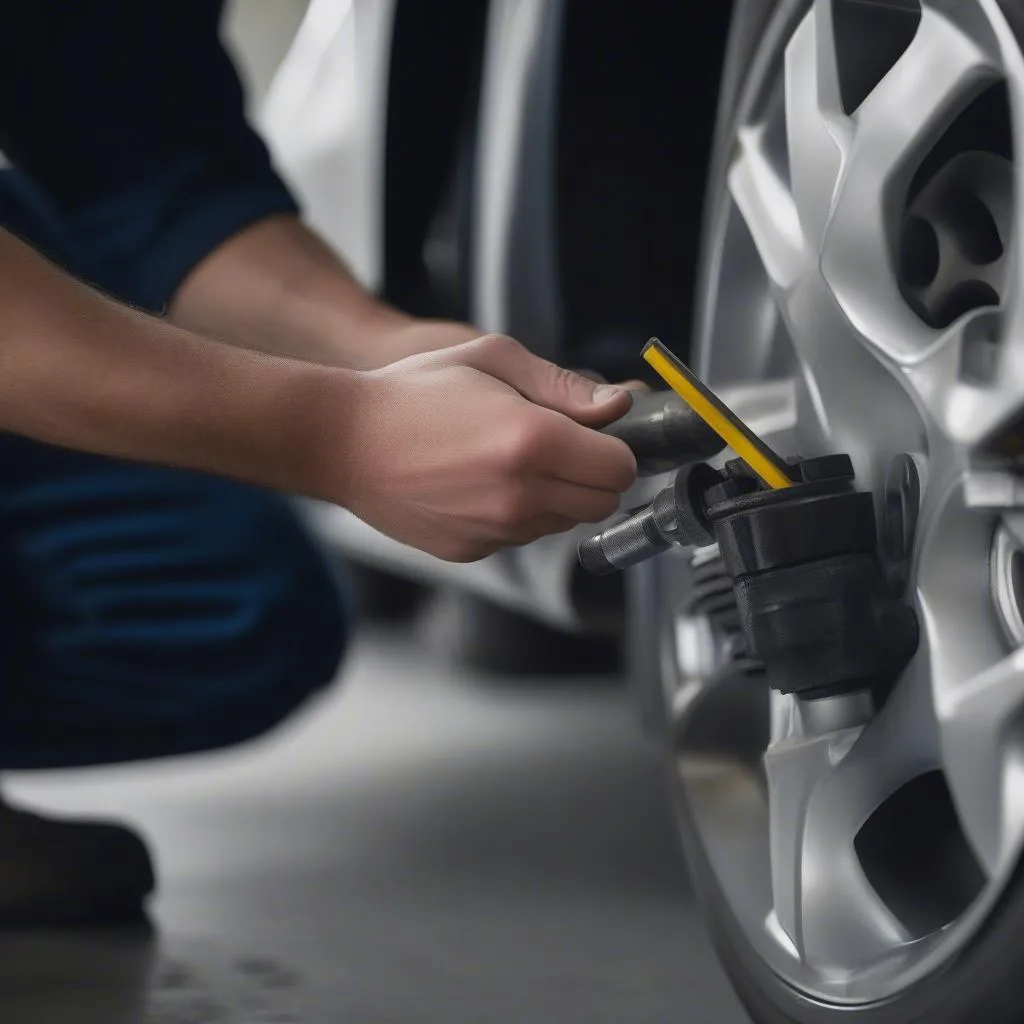 Car mechanic replacing an ABS sensor