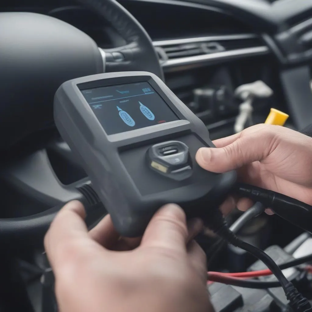 Mechanic using an ABS bleed scan tool to bleed brakes on a car