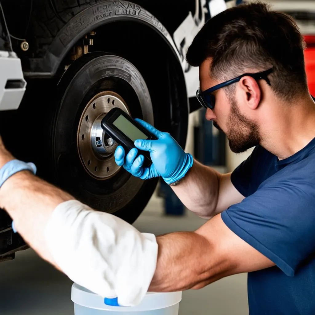 Mechanic bleeding ABS brakes