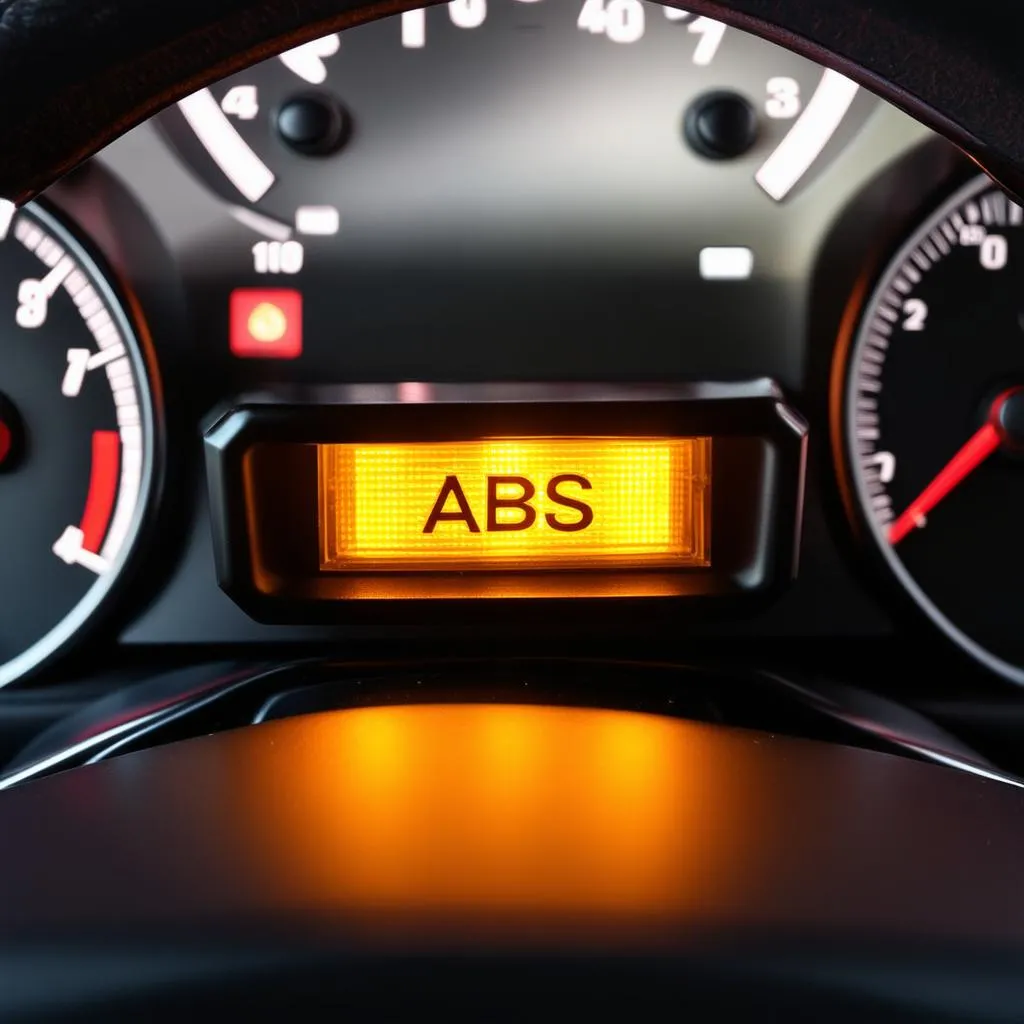 Car dashboard with ABS warning light illuminated