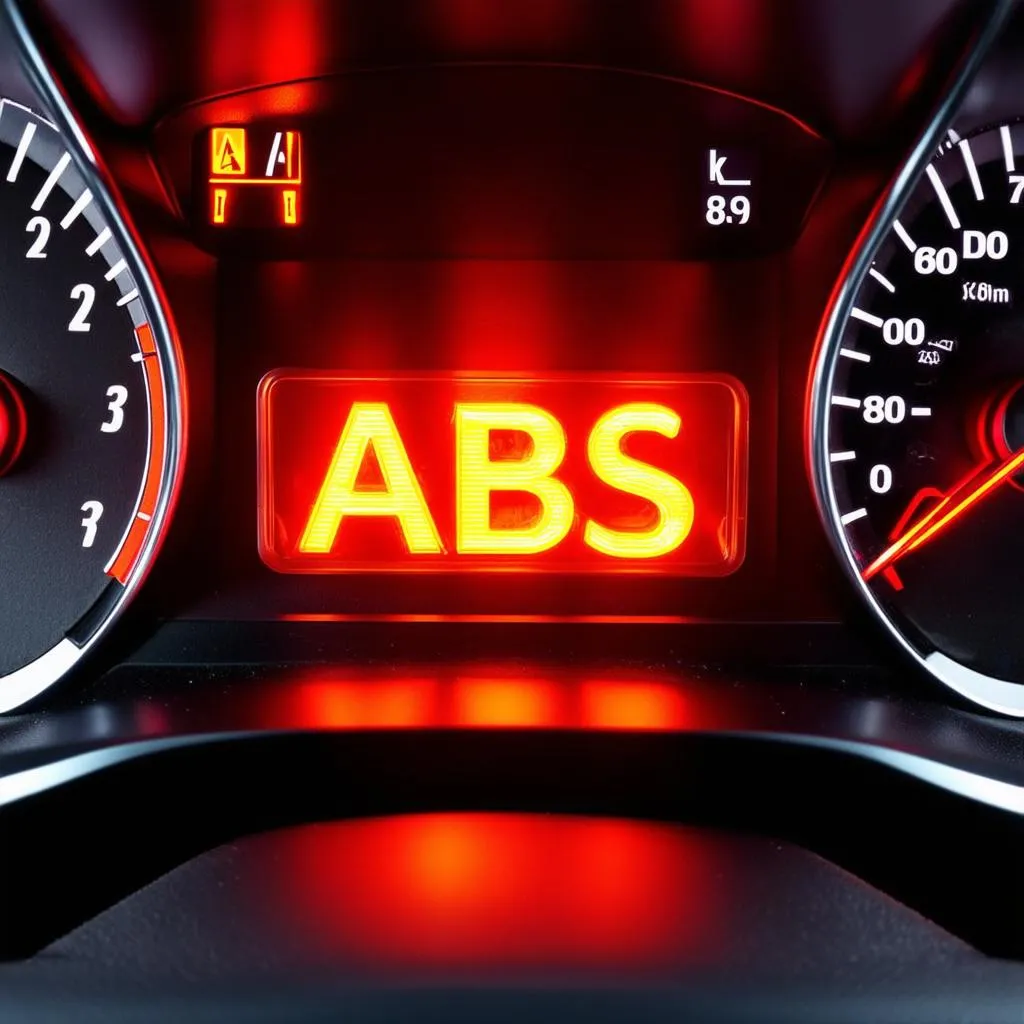 Car dashboard with illuminated ABS warning light